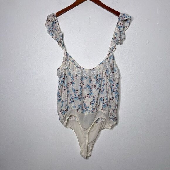 Free People Floral Lace Trim Bodysuit - Cream and Blue - Picture 5 of 10